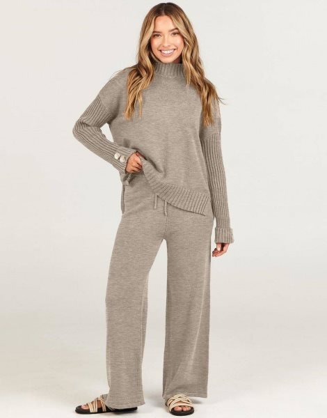 Women's Two Piece Outfits Sweater Sets Long Sleeve Knit Pullover and Wide Leg Pants Lounge Sets
