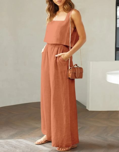 2 Piece Outfits Square Neck Sleeveless Tank Crop Top & Wide Leg Pants Lounge Set