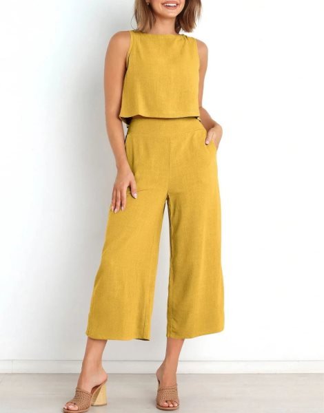 Sleeveless Tank Crop Button Back Top Cropped Pants Set With Pockets