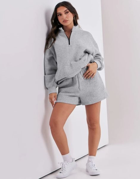 Sweatsuit Oversized Half Zip Collared Sweatshirt & Short Lounge Wear Tacksuit Set