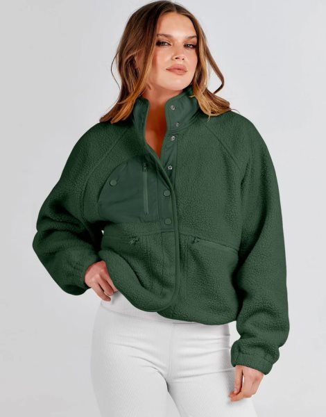 Womens Fleece Jacket Button Down Shacket Casual Sherpa Cropped Coats Warm Outwear with Pockets