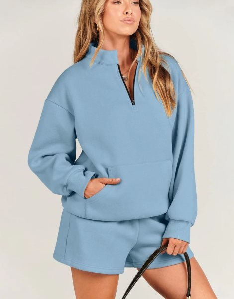 Sweatsuit Oversized Half Zip Collared Sweatshirt & Short Lounge Wear Tacksuit Set