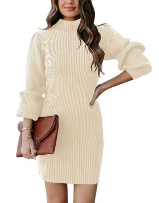 Women Turtleneck Long Sleeve Knit Stretchable Elasticity Slim Sweater Bodycon Mini Sweater Dress
