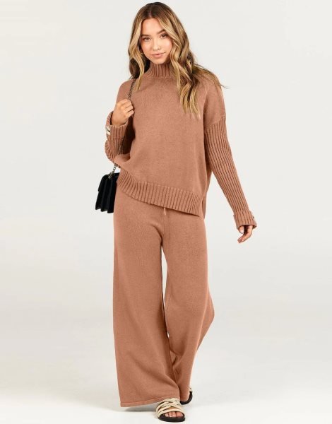 Women's Two Piece Outfits Sweater Sets Long Sleeve Knit Pullover and Wide Leg Pants Lounge Sets