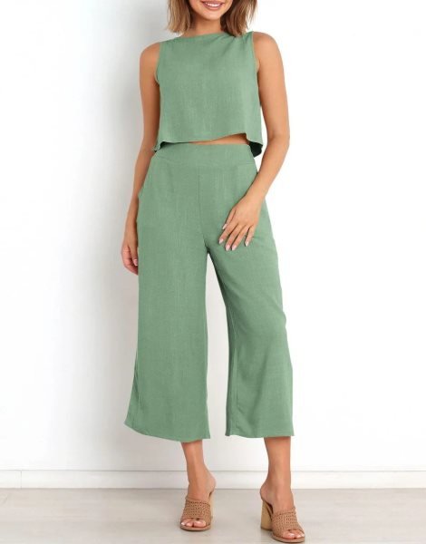 Sleeveless Tank Crop Button Back Top Cropped Pants Set With Pockets
