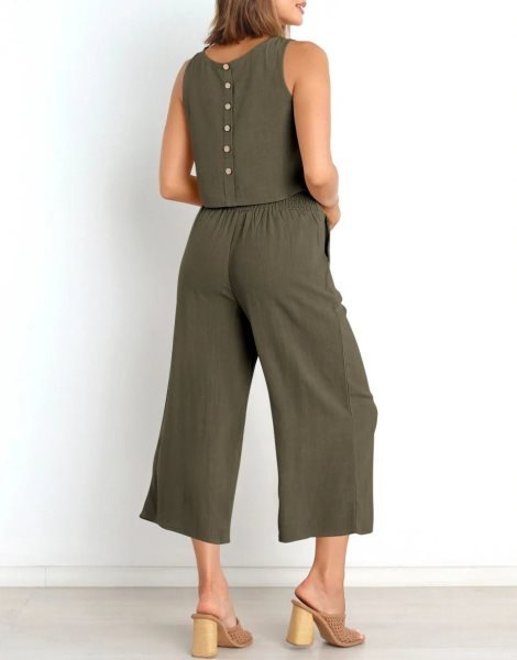 Sleeveless Tank Crop Button Back Top Cropped Pants Set With Pockets