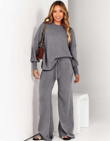 Women 2 Piece Outfits Sweatsuit Oversized Sweater Set & Wide Leg Pants Fall Chunky Lounge Set