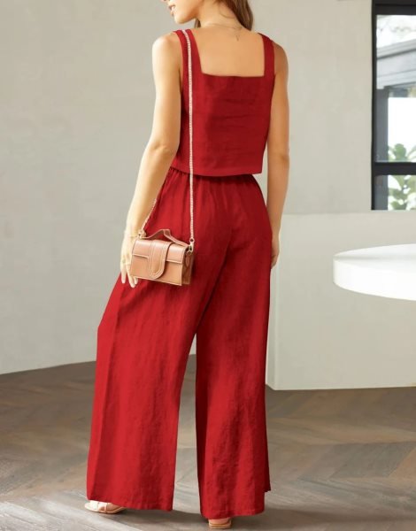 2 Piece Outfits Square Neck Sleeveless Tank Crop Top & Wide Leg Pants Lounge Set