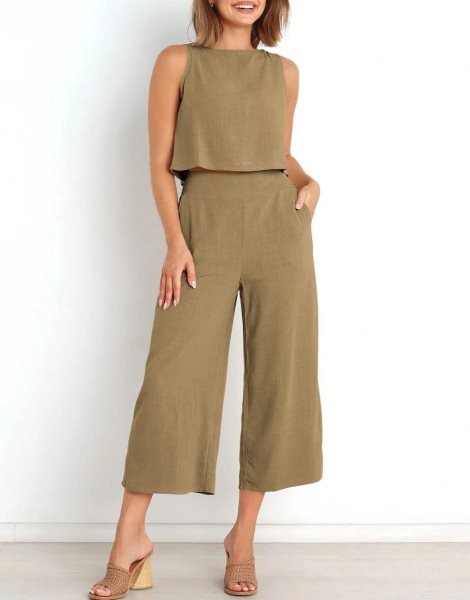 Sleeveless Tank Crop Button Back Top Cropped Pants Set With Pockets