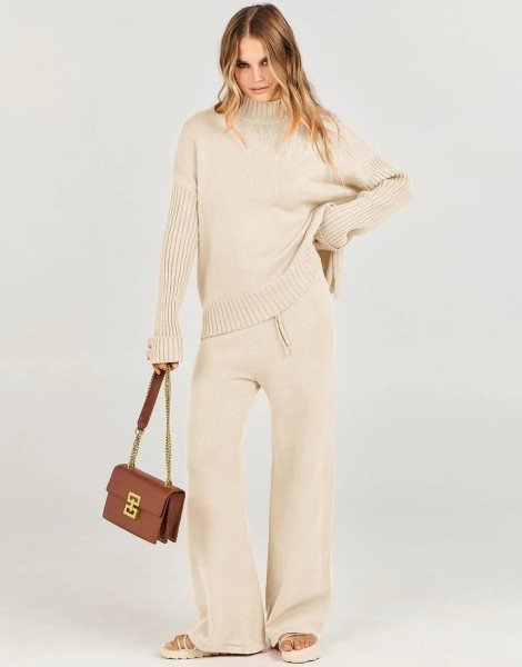 Women's Two Piece Outfits Sweater Sets Long Sleeve Knit Pullover and Wide Leg Pants Lounge Sets
