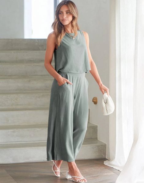Sleeveless Tank Crop Button Back Top Cropped Pants Set With Pockets