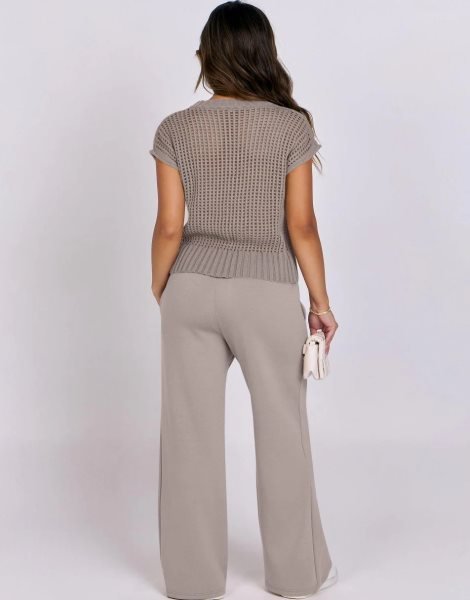 Women Two Piece Outfits Crochet Sheer Knit Sweater Top Wide Leg Pants Lounge Matching Sets Sweatsuit Travel Clothes