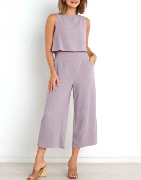 Sleeveless Tank Crop Button Back Top Cropped Pants Set With Pockets