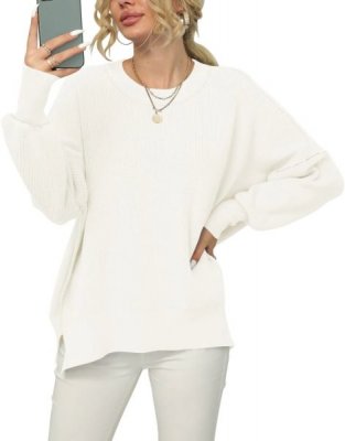 Women Crewneck Batwing Sleeve 2023 Fall Oversized Side Slit Ribbed Knit Pullover Sweater Top