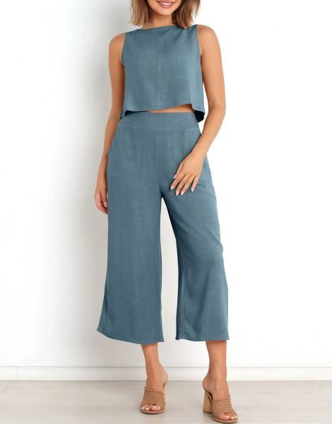 Sleeveless Tank Crop Button Back Top Cropped Pants Set With Pockets