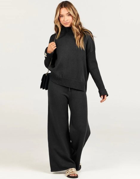 Women's Two Piece Outfits Sweater Sets Long Sleeve Knit Pullover and Wide Leg Pants Lounge Sets