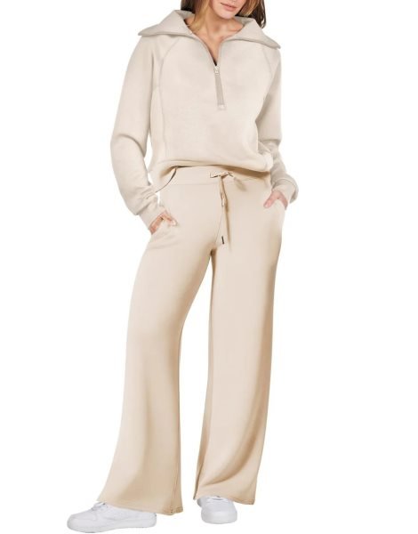 Women 2 Piece Outfits Sweatsuit Set 2023 Fall Oversized Half Zip Sweatshirt Wide Leg Sweatpant Lounge Set Tracksuit