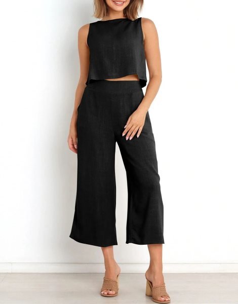 Sleeveless Tank Crop Button Back Top Cropped Pants Set With Pockets