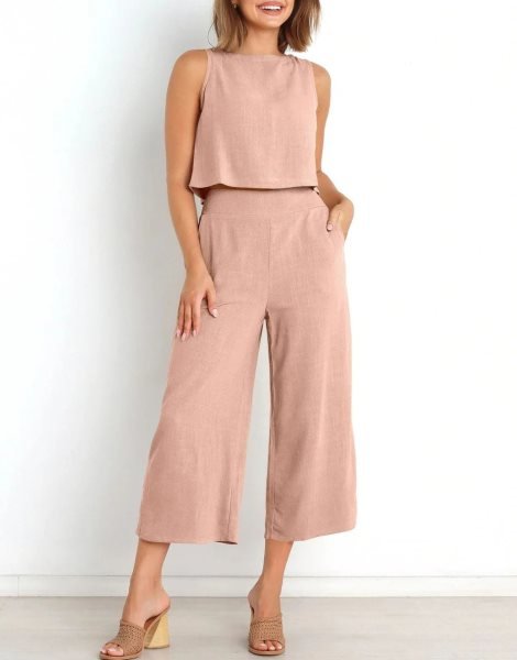Sleeveless Tank Crop Button Back Top Cropped Pants Set With Pockets