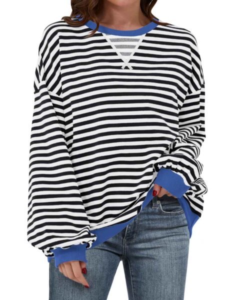 Women Striped Oversized Sweatshirt Long Sleeve Crewneck Shirts 2024 Fall Fashion Pullover Sweater Trendy Clothes