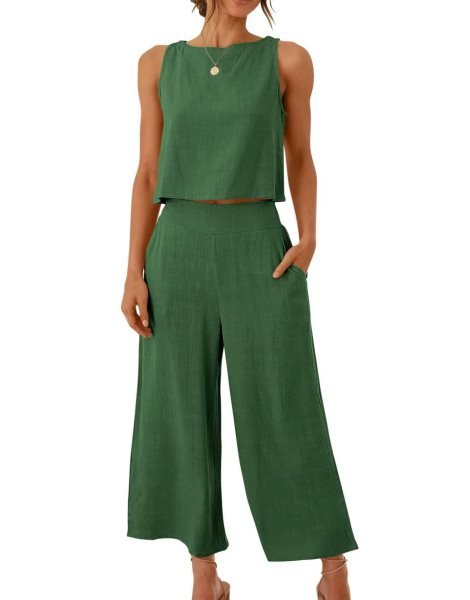 Sleeveless Tank Crop Button Back Top Cropped Pants Set With Pockets