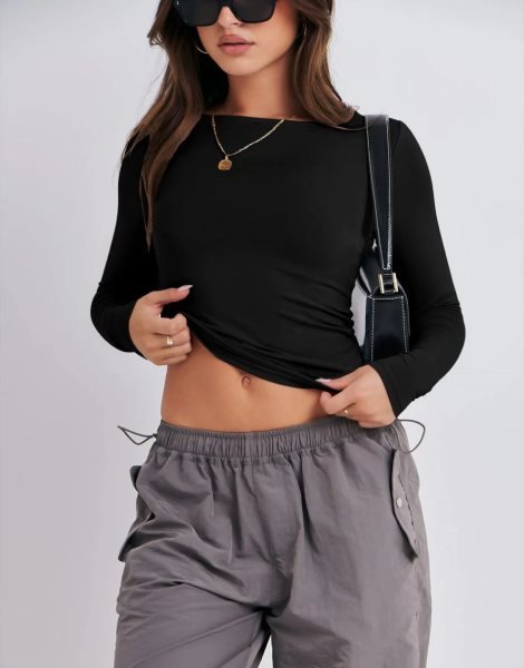 Women Long Sleeve Slim Fit Crop Top Going Out Tight T-Shirt Trendy Tees Streetwear