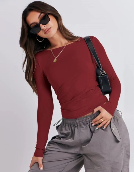 Women Long Sleeve Slim Fit Crop Top Going Out Tight T-Shirt Trendy Tees Streetwear