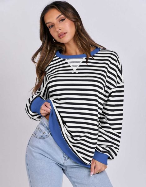 Women Striped Oversized Sweatshirt Long Sleeve Crewneck Shirts 2024 Fall Fashion Pullover Sweater Trendy Clothes