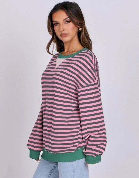 Women Striped Oversized Sweatshirt Long Sleeve Crewneck Shirts 2024 Fall Fashion Pullover Sweater Trendy Clothes