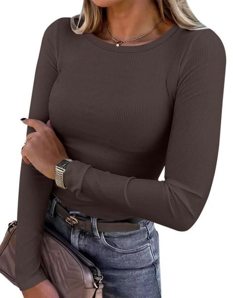 Women Long Sleeve Crewneck Rib Knit Slim Fit Shirts Basic Tee Tops 2024 Casual T-Shirt Going Out Workout Outfits