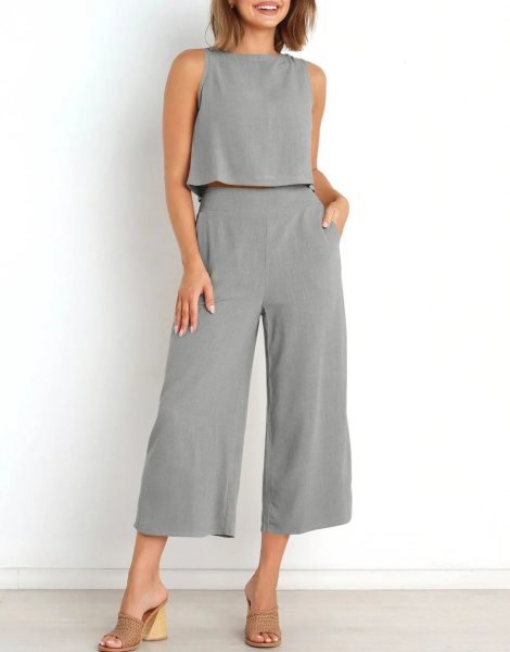 Sleeveless Tank Crop Button Back Top Cropped Pants Set With Pockets