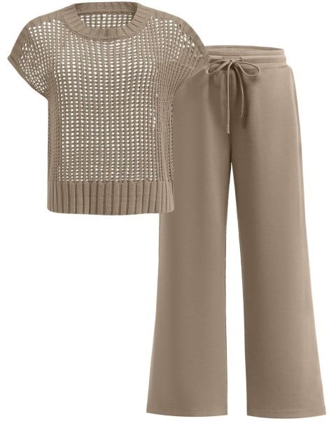 Women Two Piece Outfits Crochet Sheer Knit Sweater Top Wide Leg Pants Lounge Matching Sets Sweatsuit Travel Clothes