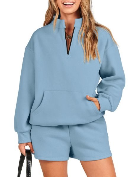 Sweatsuit Oversized Half Zip Collared Sweatshirt & Short Lounge Wear Tacksuit Set