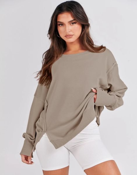 Women's Oversized Sweatshirt Crew Neck Long Sleeve Casual Slit Sloucthy Pullover Top Fall Clothes