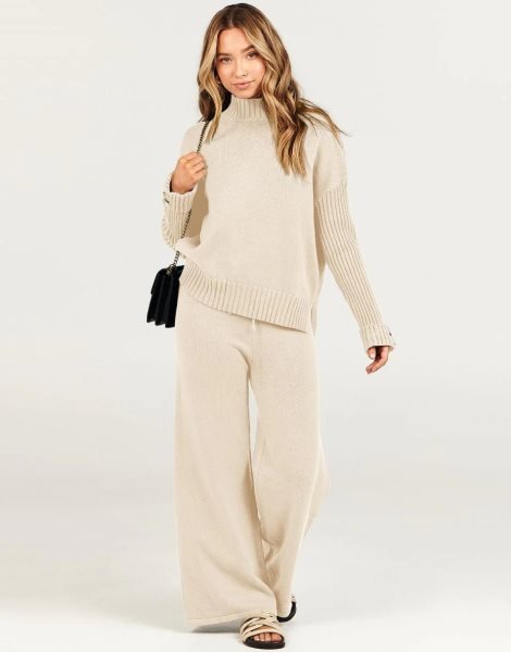 Women's Two Piece Outfits Sweater Sets Long Sleeve Knit Pullover and Wide Leg Pants Lounge Sets