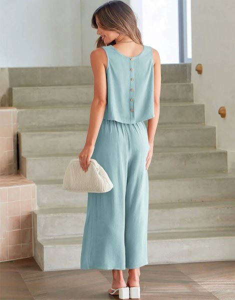 Sleeveless Tank Crop Button Back Top Cropped Pants Set With Pockets