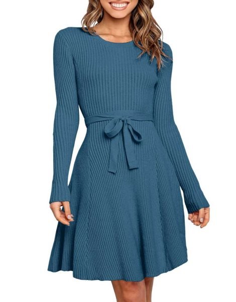 Women's Crewneck Long Sleeve Tie Waist A-Line Swing Bodycon Short Dress Casual Solid Ribbed Knit Sweater Dress