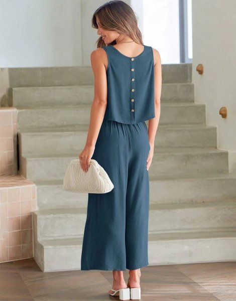 Sleeveless Tank Crop Button Back Top Cropped Pants Set With Pockets