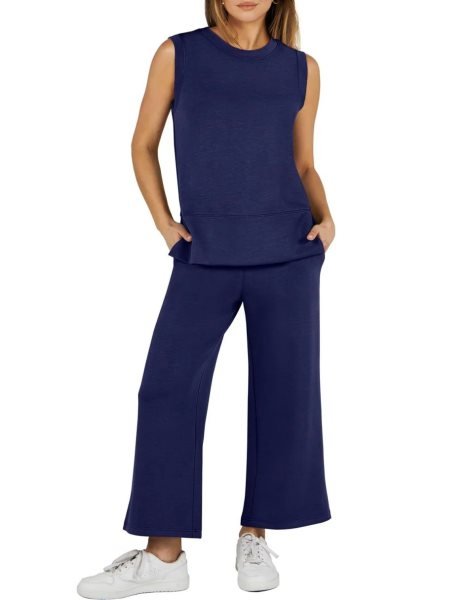 Women's 2 Piece Sets Summer Outfits Sleeveless Wide Leg Tracksuits Casual Sweat Sets Lounge Sweatsuits