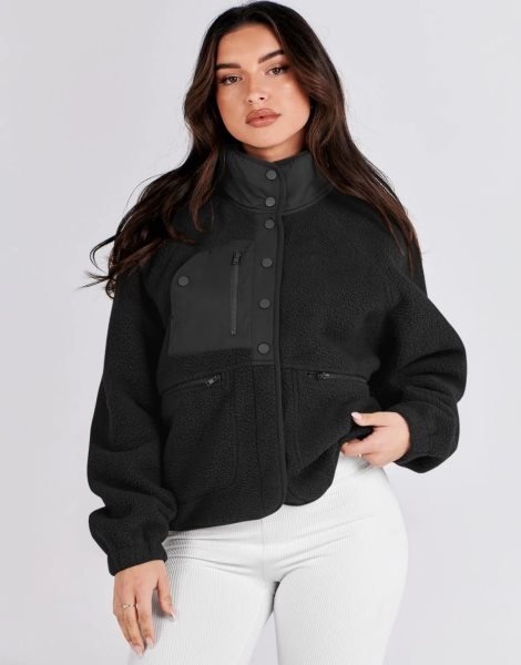 Womens Fleece Jacket Button Down Shacket Casual Sherpa Cropped Coats Warm Outwear with Pockets