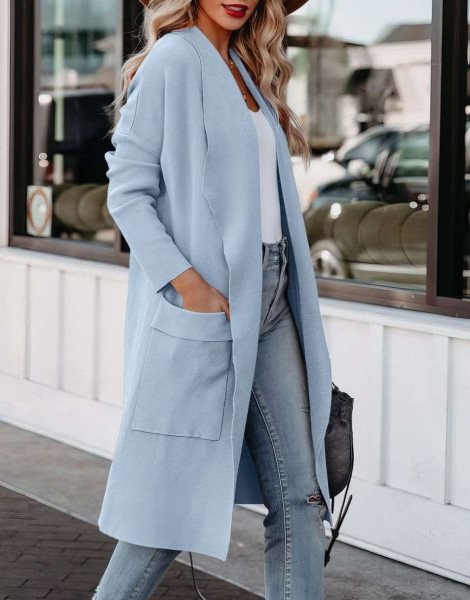 Women's Casual Long Sleeve Draped Open Front Knit Pockets Long Cardigan Jackets Sweater