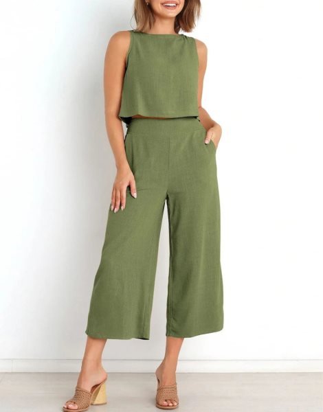 Sleeveless Tank Crop Button Back Top Cropped Pants Set With Pockets