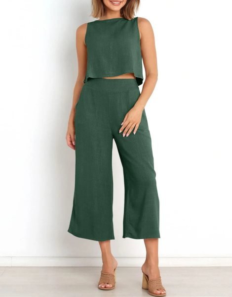 Sleeveless Tank Crop Button Back Top Cropped Pants Set With Pockets