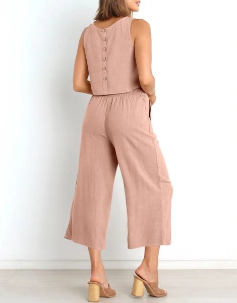 Sleeveless Tank Crop Button Back Top Cropped Pants Set With Pockets