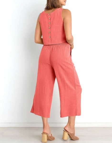 Sleeveless Tank Crop Button Back Top Cropped Pants Set With Pockets