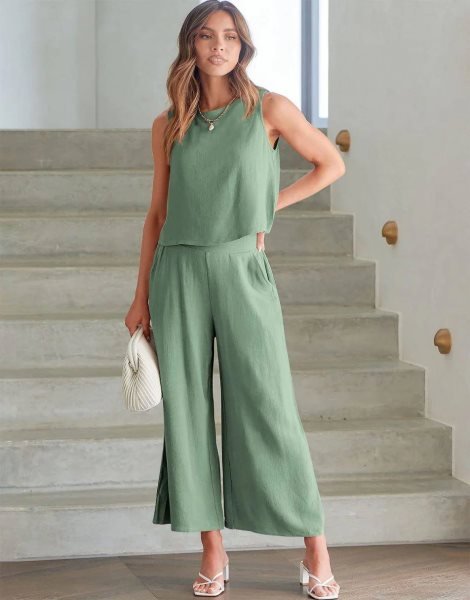 Sleeveless Tank Crop Button Back Top Cropped Pants Set With Pockets