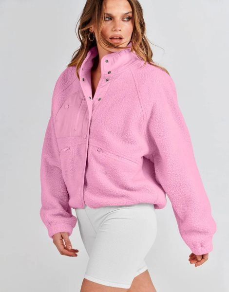 Womens Fleece Jacket Button Down Shacket Casual Sherpa Cropped Coats Warm Outwear with Pockets