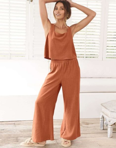 2 Piece Outfits Square Neck Sleeveless Tank Crop Top & Wide Leg Pants Lounge Set