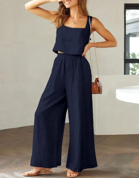 2 Piece Outfits Square Neck Sleeveless Tank Crop Top & Wide Leg Pants Lounge Set