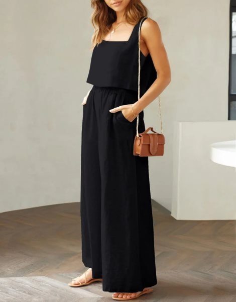 2 Piece Outfits Square Neck Sleeveless Tank Crop Top & Wide Leg Pants Lounge Set